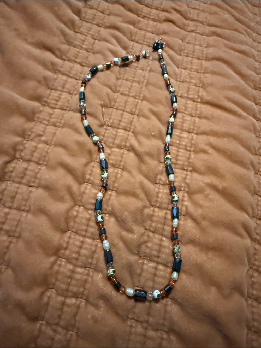 Handcrafted Black, Amber and Pearl Beaded Magnetic Necklace
